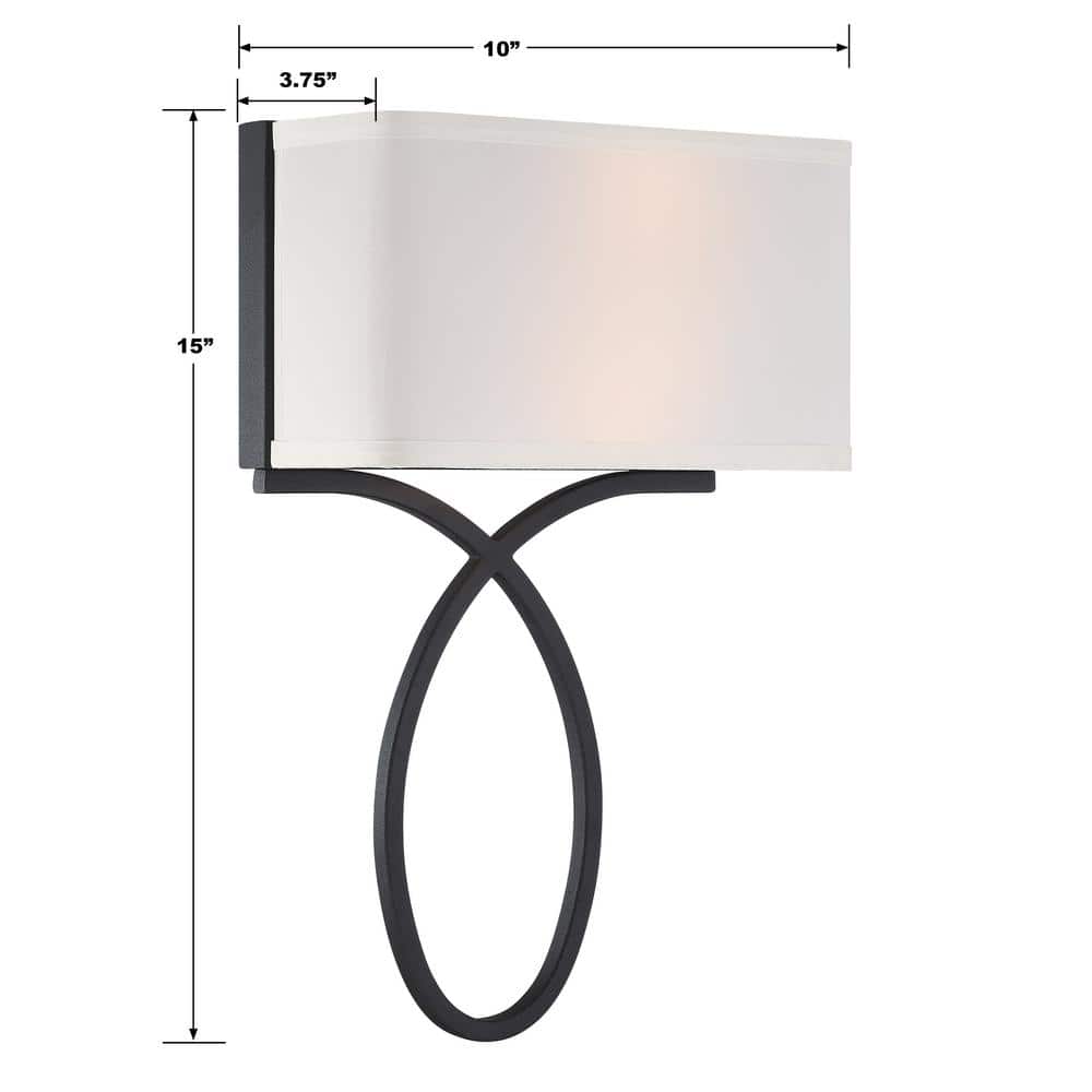 Black Forged 2-Light Wall Sconce with White Silk Shade