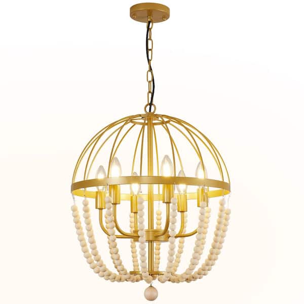 18 in. 6-Light Antique Rustic Gold Bohemia Wood Beaded Chandelier for Dining Room, Living Room, Kitchen Island