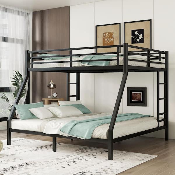 Black Metal Queen Over King Size Bunk Bed Frame with Guardrails and 2 Ladders Bunk Bed for Kids Teens and Adults