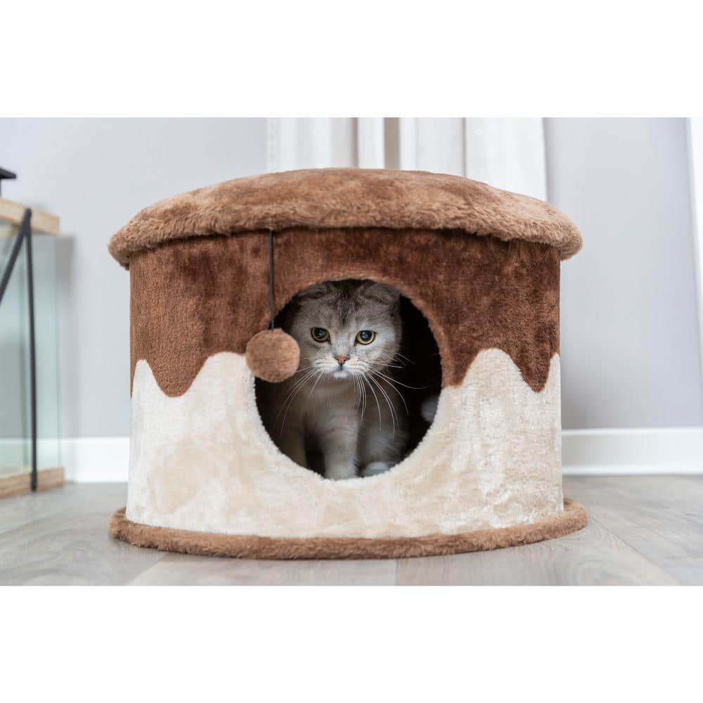 Cozy Brown and Beige Faux Fleece Cat Condo with Pom-Pom Toy