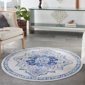 Whimsical Ivory Blue 5 ft. x 5 ft. Center Medallion Traditional Round Rug