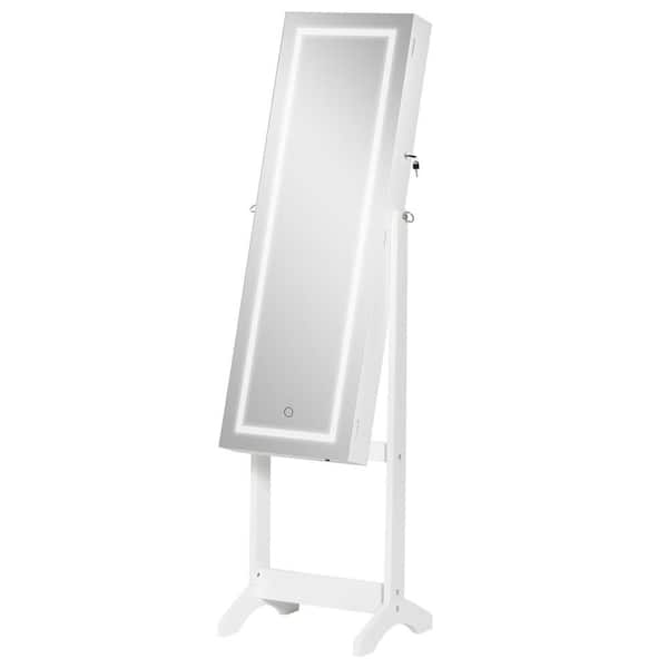 White Rectangular Wood Floor Standing Jewelry Cabinet with LED Light, Lockable Jewelry Organizer and Full-Length Mirror