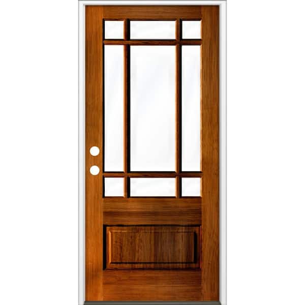 Krosswood Doors 36 in. x 80 in. 3/4 Prairie-Lite with Beveled Clear Glass Right-Hand Red Chestnut Stain Hemlock Prehung Front Door