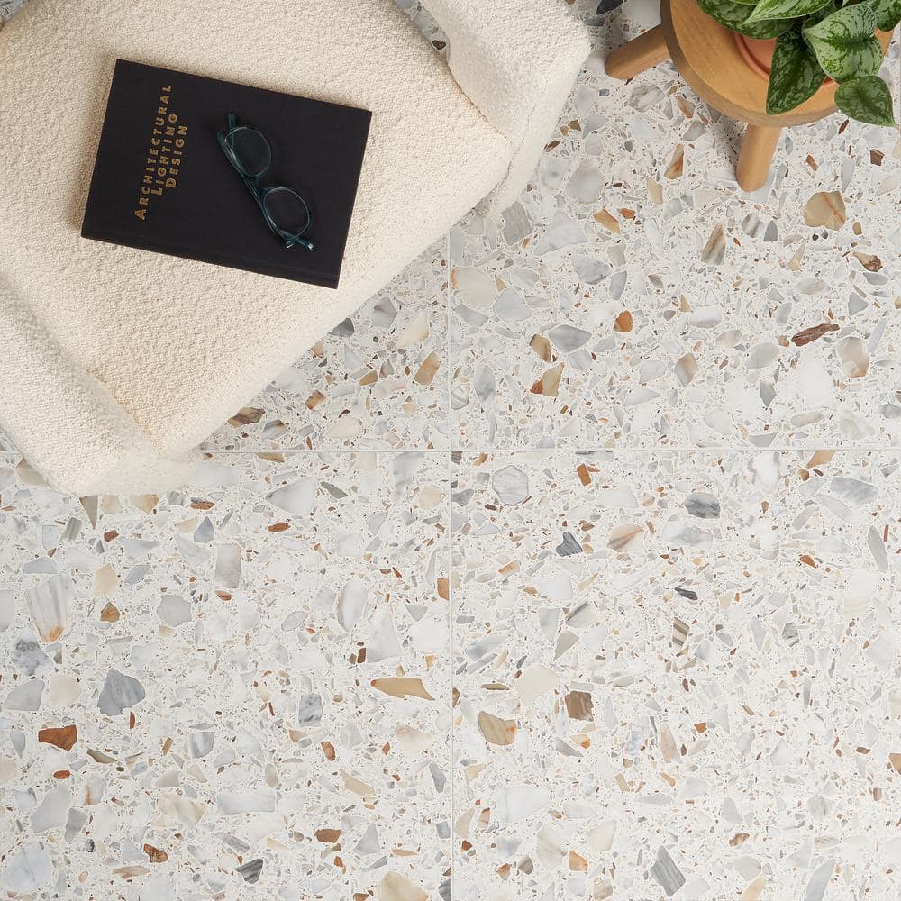 Calacatta White/Cream Large Format Honed Terrazzo Floor and Wall Tile