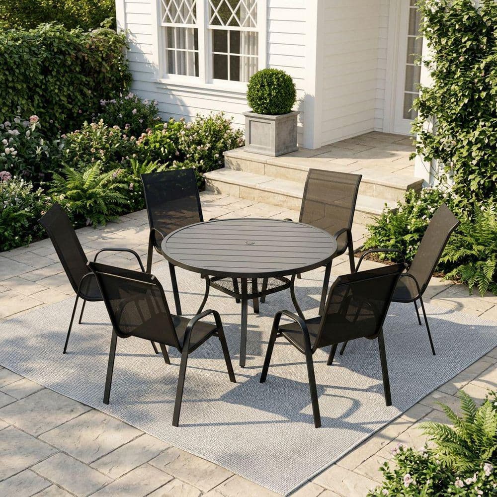 7-Piece Metal Outdoor Dining Set with 47.2 in. Black Round Dining Table and 6 Black Stackable Textilene Chairs price history on PriceWatchPro