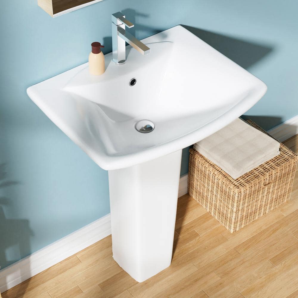 24" White Vitreous China Rectangular Pedestal Bathroom Sink