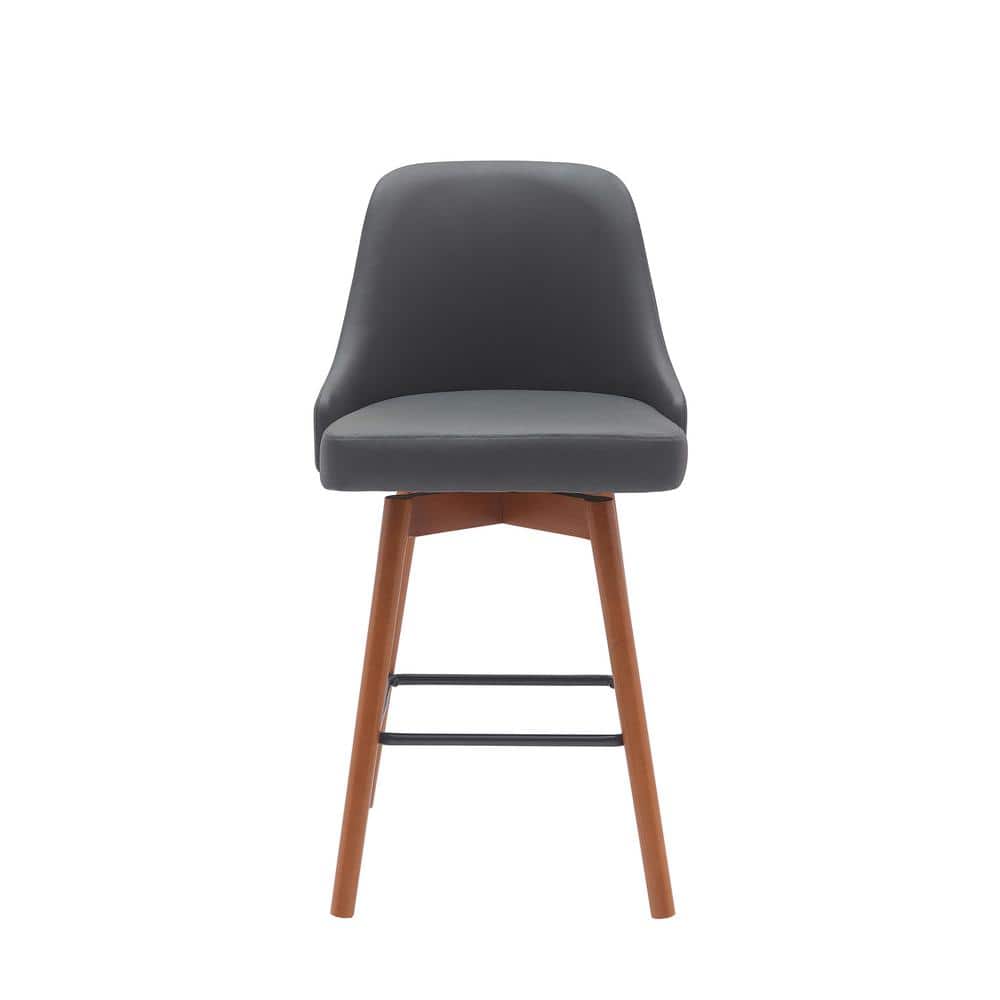 Gray Faux Leather Swivel Counter Stool with Walnut Wood Legs