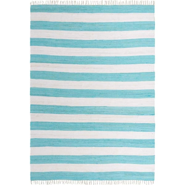 Unique Loom Chindi Rag Striped Turquoise and Ivory 10' 0 x 14' 1 Area Rug