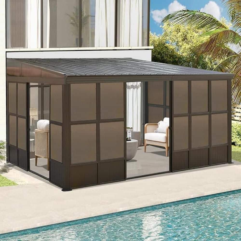 12 ft. x 16 ft. Brown Wall-Mounted Aluminum Frame Sunroom with Galvanized Steel Sloped Roof and Sliding Doors price history on PriceWatchPro