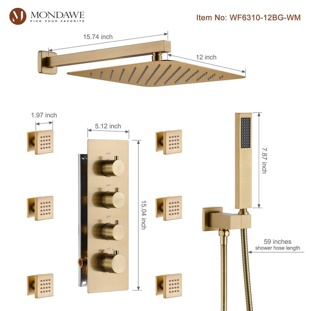 Brushed Gold Dual Square Wall Mounted Shower System with Body Jets