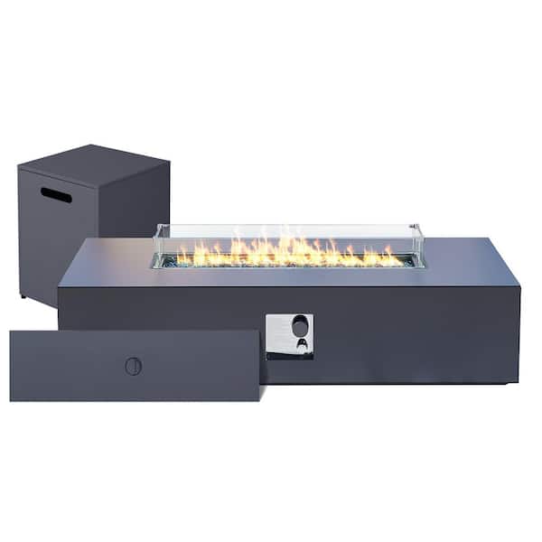 56 in. Rectangular Iron Outdoor Dark Gray Fire Pit Table with Propane Tank Holder and Glass Wind Guard