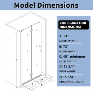 34 in. to 35-3/8 in. W x 72 in. H Bi-Fold Frameless Shower Door in Chrome with 1/4 in. Tempered Clear Glass