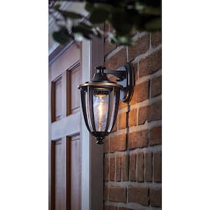 11.5 in. 1-Light Black with Gold Highlights Outdoor 6 in. Wall Lantern Sconce with Clear Seedy Glass