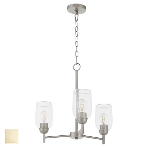 quorum Wallinger 60 Watt 3 Light Aged Brass Chandelier Light with Clear Glass Shade, No Light Bulb Included