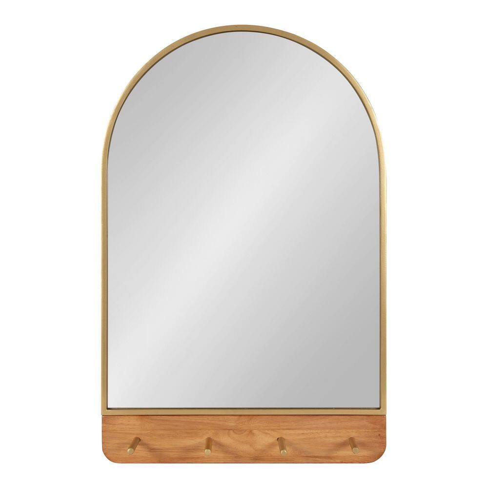 Schuyler Arched 20x31 Natural Wood & Gold Wall Mirror with Hooks