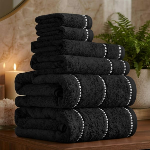 6-Piece Black/White Luxury Quick Dry 100% Cotton Bath Towel Set