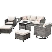 New Vultros Gray 7-Piece Wicker Patio Fire Pit Conversation Seating Set with Beige Cushions Swivel Rocking Chairs