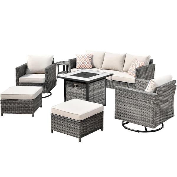 New Vultros Gray 7-Piece Wicker Patio Fire Pit Conversation Seating Set with Beige Cushions Swivel Rocking Chairs