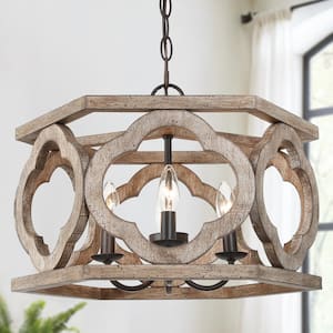 Modern Farmhouse Antique Wood Candlestick Chandelier, 4-Light Rustic Brown Island Pendant with Adjustable Metal Chain