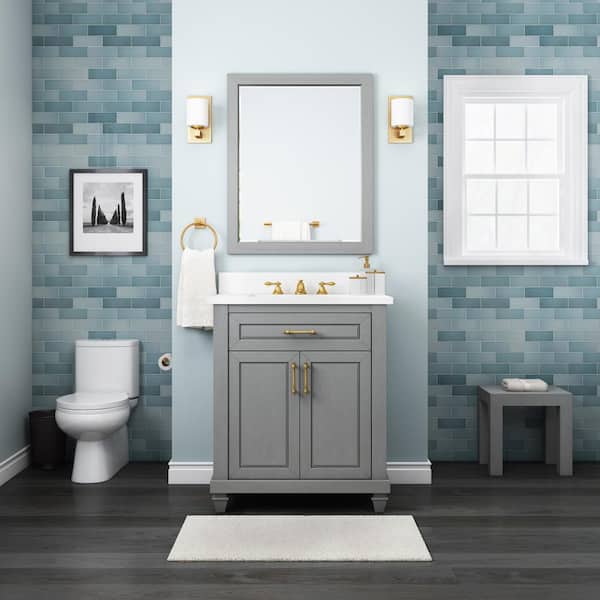 Home Decorators Collection Grovehurst 30 in. W x 20 in. D x 35 in. H Single Sink Freestanding Bath Vanity in Gray with White Engineered Stone Top