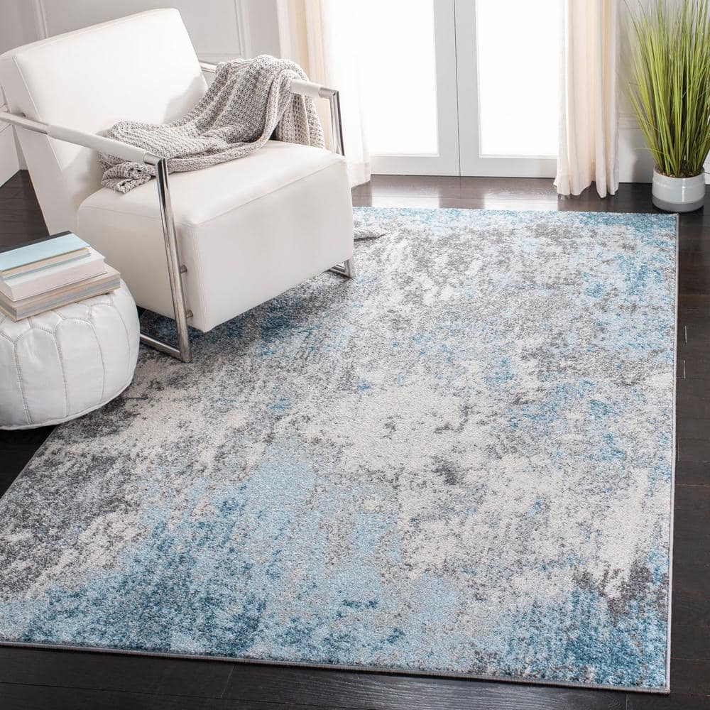 Grey and Blue Abstract Square Washable Area Rug