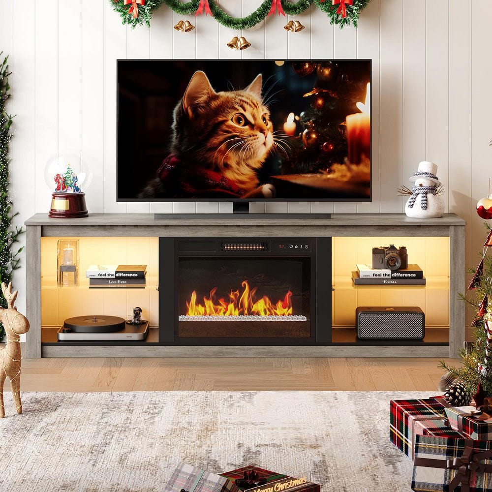 Bestier 70.8 in. Wash Grey TV Stand with Fireplace Fits TVs up to