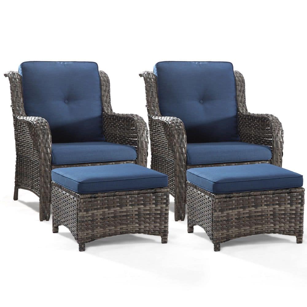 4-Piece Brown Swivel Wicker Outdoor Lounge Chair Set Outdoor Chat Set with Ottomans and Blue Cushions price history on PriceWatchPro