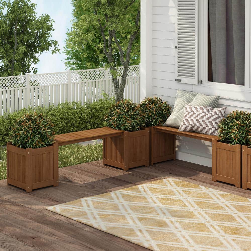 Furinno Brown Teak Hardwood Outdoor Planter Box with Bench