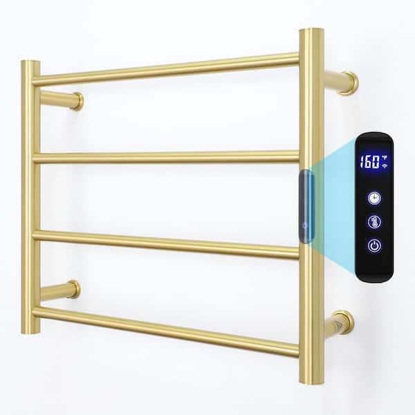 PRIMEPLUS 4-Bar Round Bar Plug-In/Hardwired Towel Warmer Smart Touch Screen Digital Display Waterproof in Gold