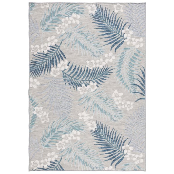 SAFAVIEH Sunrise Gray/Blue Ivory 4 ft. x 6 ft. Oversized Tropical Reversible Indoor/Outdoor Area Rug