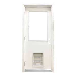 30 in. x 80 in. Reliant Series Clear Half Lite RHOS White Primed Fiberglass Prehung Front Door with Large Pet Door