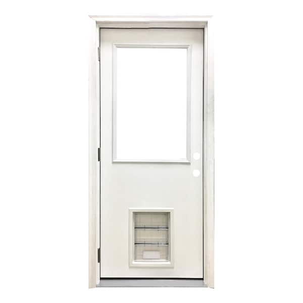 Steves & Sons 32 in. x 80 in. Reliant Series Clear Half Lite RHOS White Primed Fiberglass Prehung Front Door with Large Pet Door