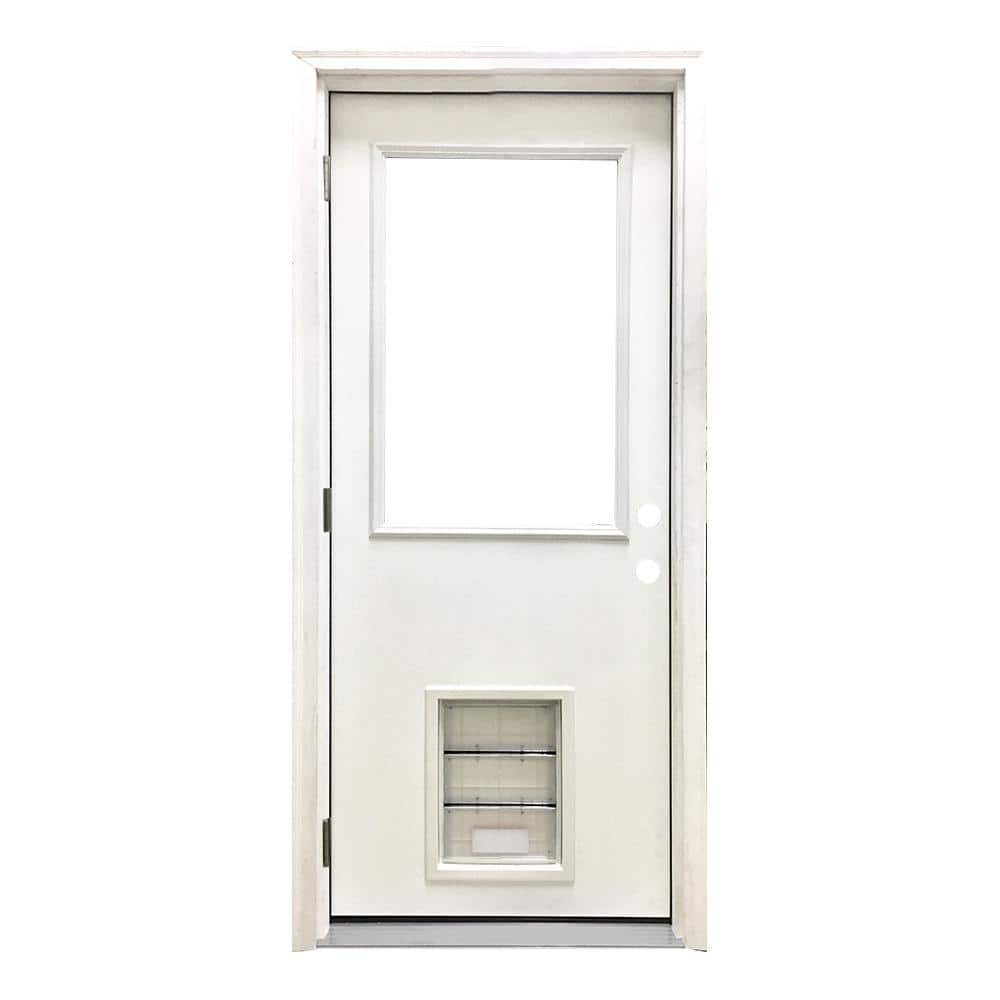 Steves & Sons 36 in. x 80 in. Reliant Series Clear Half Lite RHOS White Primed Fiberglass Prehung Front Door with Large Pet Door