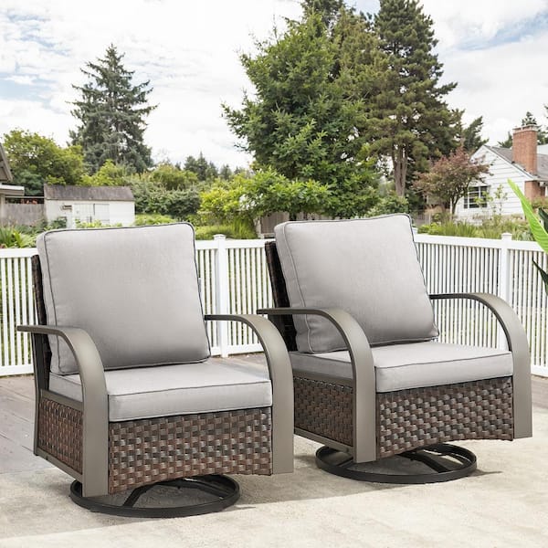 Opohoro Brown Wicker Outdoor Rocking Chairs, Heavy Duty Swivel Rocking Chairs with Wide Metal Arms, Beige Cushions (2-Pack)