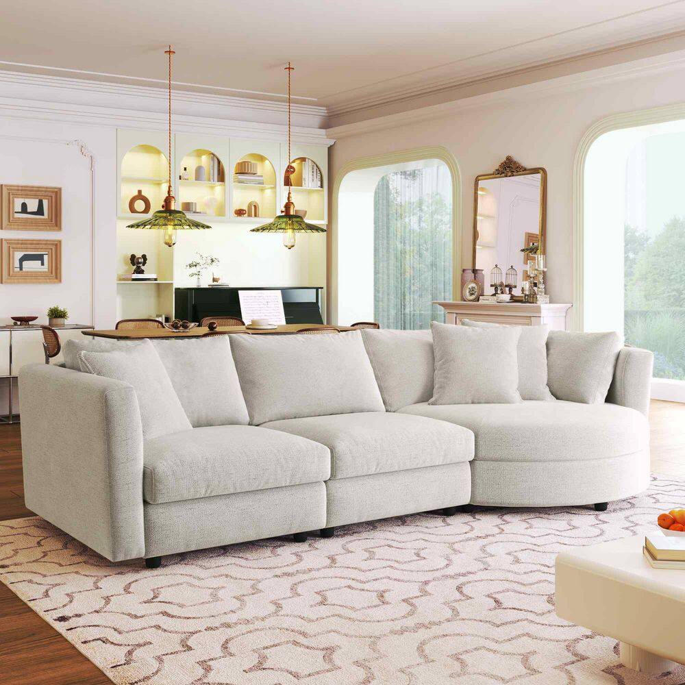 111.4 in. Square Arm Polyester Sectional Sofa with 3 Pillows and Curved Seat in Beige