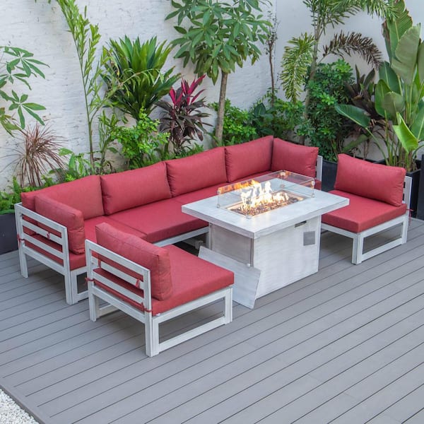 Leisuremod Chelsea Weathered Grey 7-Piece Aluminum Patio Fire Pit Set with Red Cushions