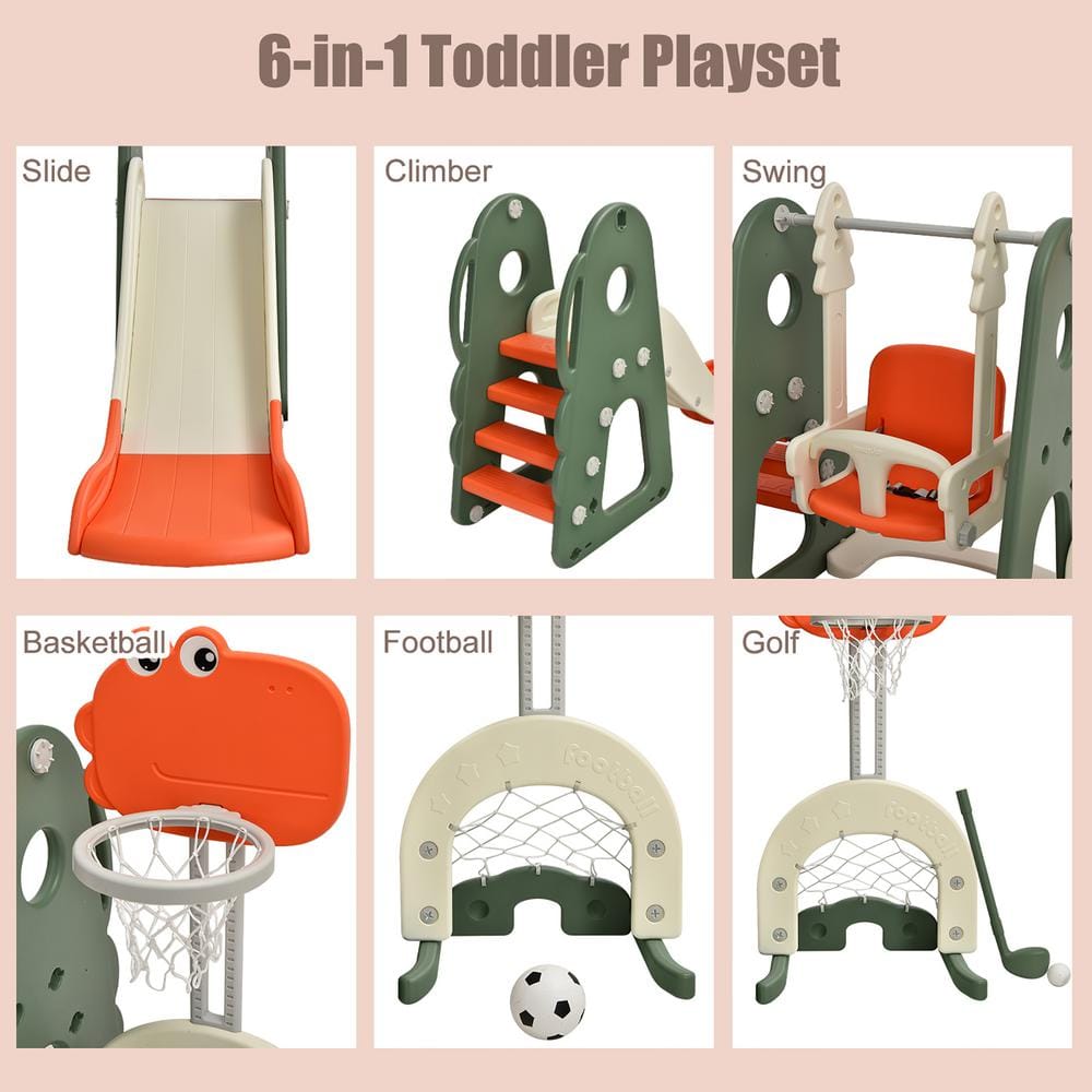 6-in-1 Orange and White Toddler Slide and Swing Set with Ball Games