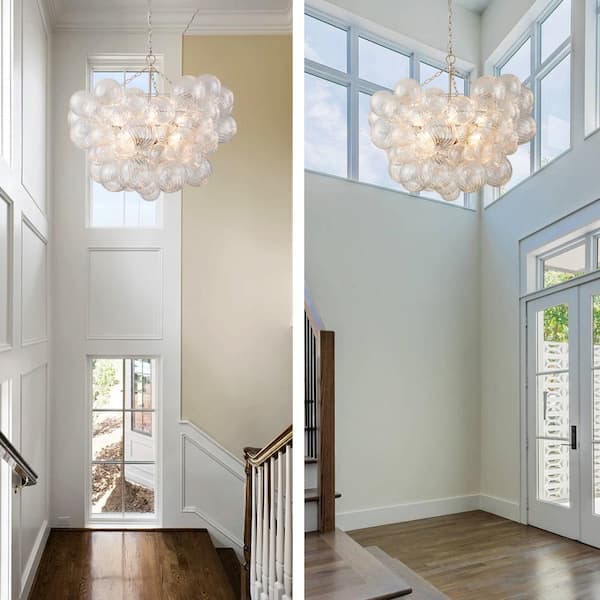 Neuvy 8-Light 33 in. W Nickel Chandelier with Swirled-Glass Orb Cluster Bubble Ribbed Glass Chandelier for Living Room