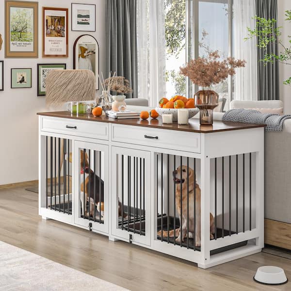FUFU&GAGA Indestructible Dog Kennel with Removable Irons for 2 Medium Dogs, Modern Large Dog Crate Furniture with Trays, White