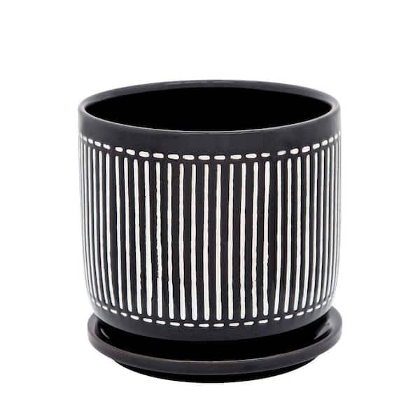 Benjara Black and White Ceramic Lines Pattern and Saucer Planter