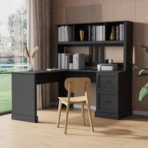 60 in. L-shaped Black Wood Computer Desk with Hutch 2-Drawer and Bookcase Writing Desk with Storage Shelves