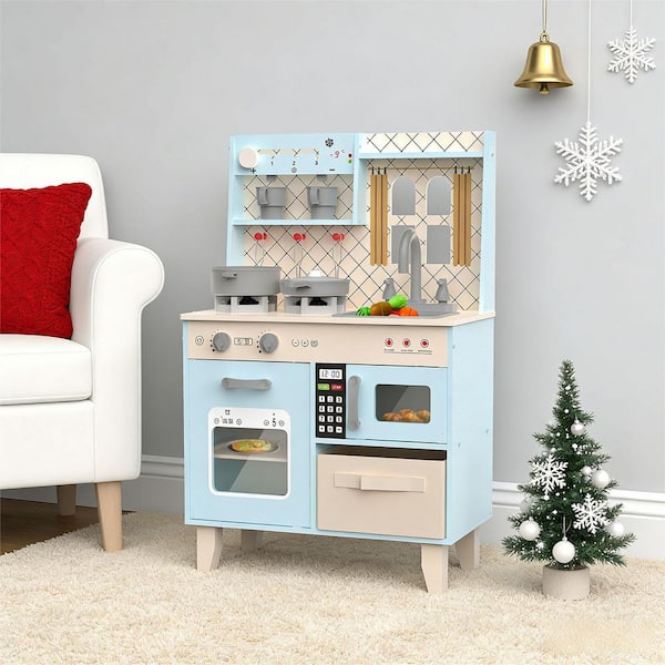 Wooden Play Kitchen for Kids Compact Pretend Kitchen Playset w/Lights, Sounds Double Oven Coffee Maker and 24Accessories