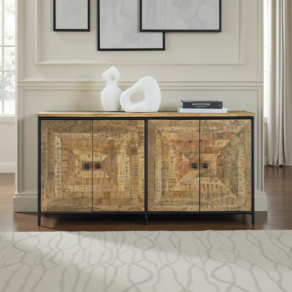 Brown Wood 63.88 in. Buffet Sideboard Cabinet Console with Shelves