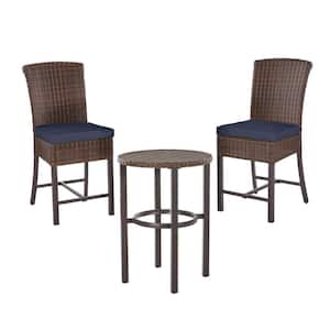 Harper Creek 3-Piece Brown Steel Outdoor Patio Bar Height Dining Set with CushionGuard Midnight Navy Blue Cushions
