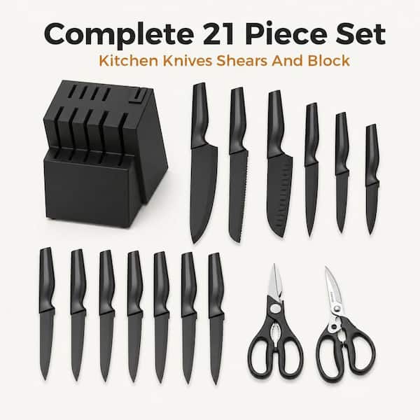 21-Piece Black Stainless Steel Knife Set with Block and Built-in Sharpener for Kitchen