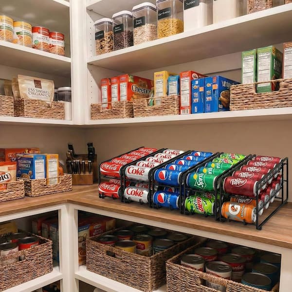 2-Tier Black Rust-Resistant Alloy Steel Soda Can Organizer with Auto-Rolling Feature, Stackable Beverage Dispenser Rack