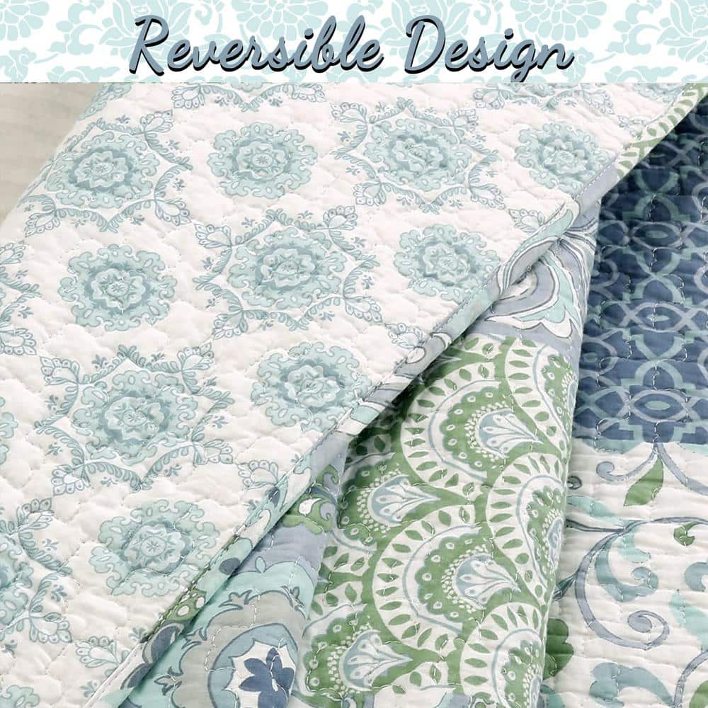 King Blue Cotton Reversible Patchwork Quilt Set