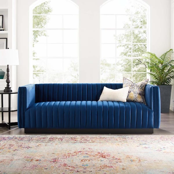 MODWAY Conjure 84 in. Navy Channel Tufted Velvet 3-Seater