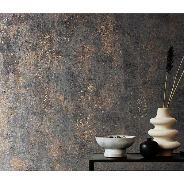 Textures Collection Black/Gold Plain Metallic Finish Vinyl on Non-Woven Non-Pasted Wallpaper Roll