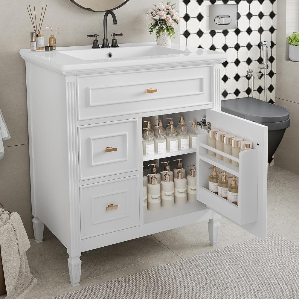 30 in. White Bath Vanity with White Ceramic Sink Top, Adjustable Shelf, One Flip Drawer and Two Drawers price history on PriceWatchPro